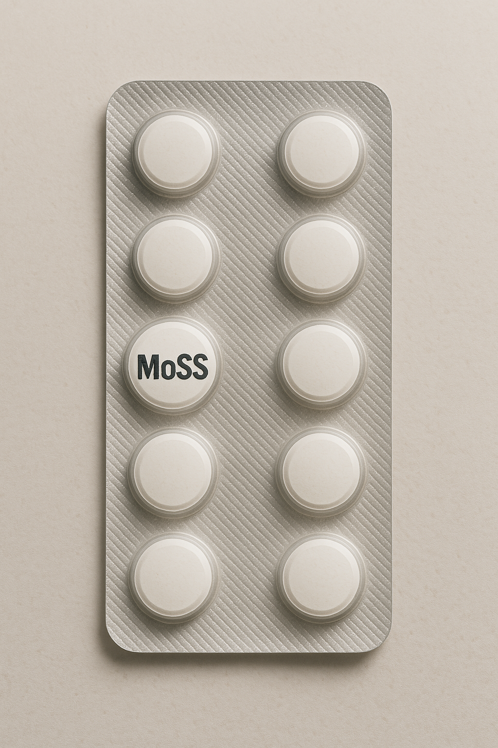 Blister pack containing MoSS tablets, illustrating pharmaceutical materials and crystal science