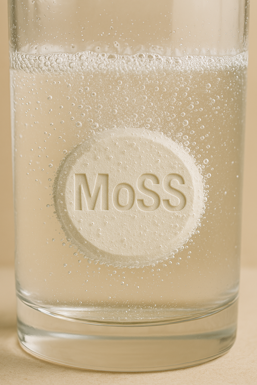Close-up of a MoSS tablet fizzing in water, with bubbles around it