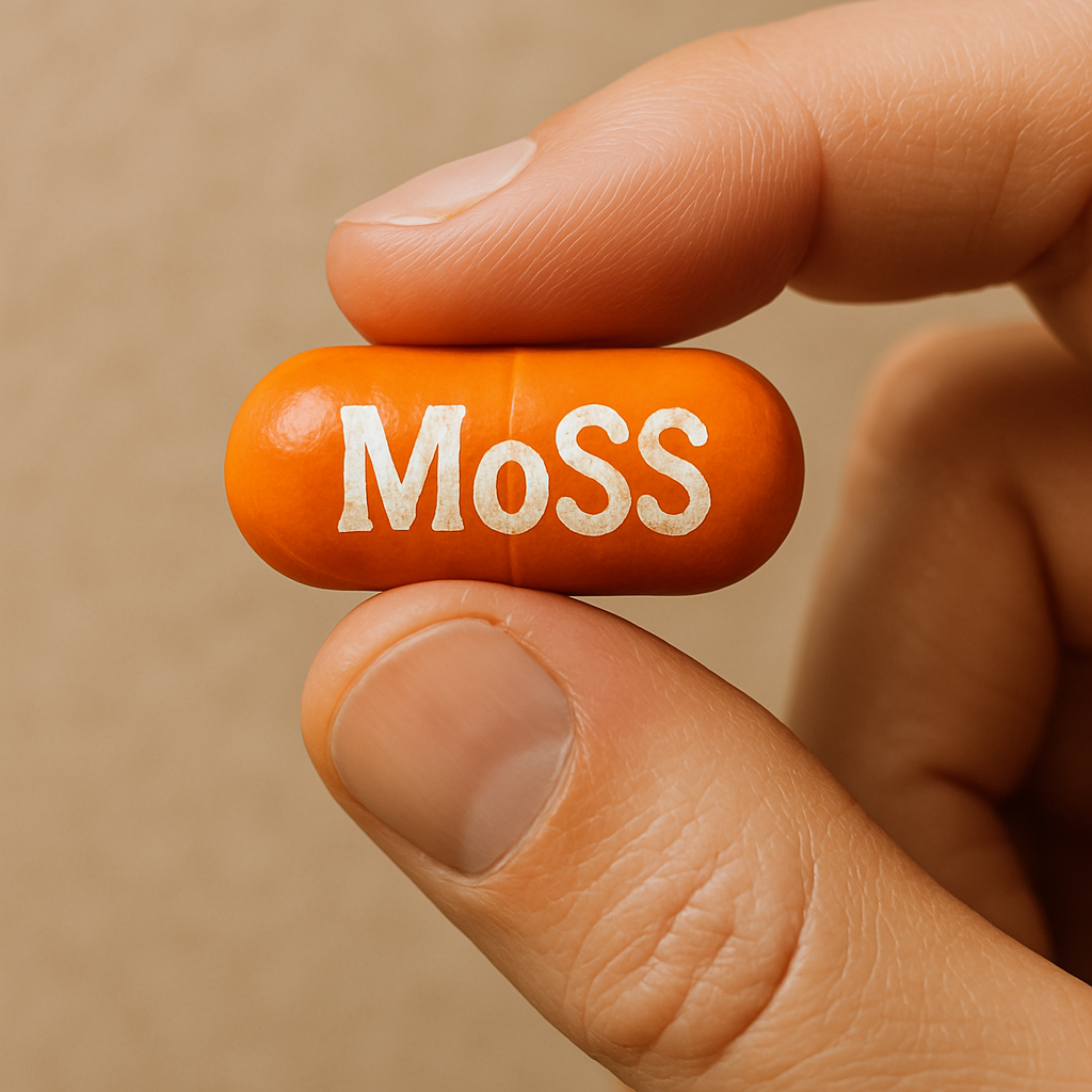 Orange MoSS tablet held between two fingers
