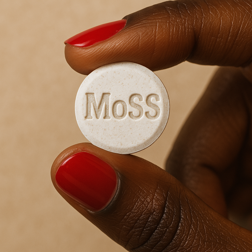 White MoSS tablet held by a dark-skinned hand